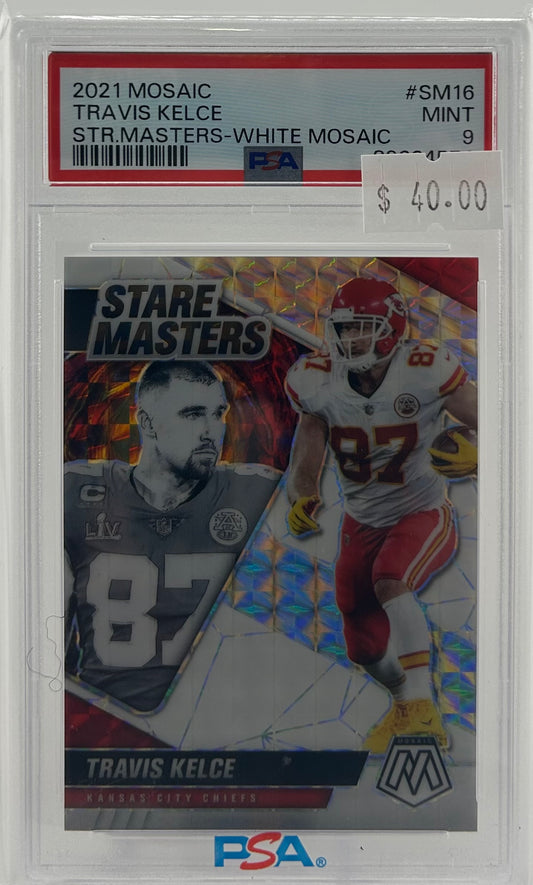 PSA 9 2021 Travis Kelce STR.Masters-White Mosaic